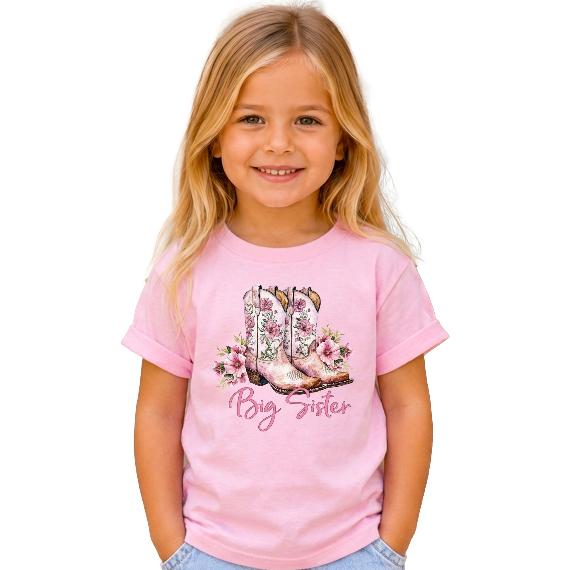 Big Sister floral cowgirl boots shirt for baby, toddler and youth girls in Pink Shirt - view 5