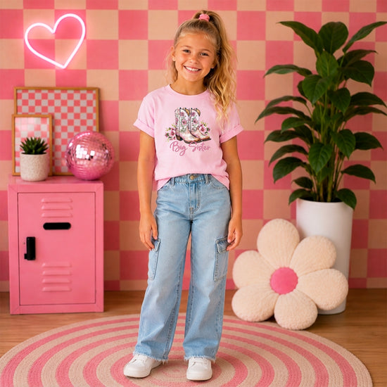 Big Sister floral cowgirl boots shirt for baby, toddler and youth girls in Pink Shirt - view 6