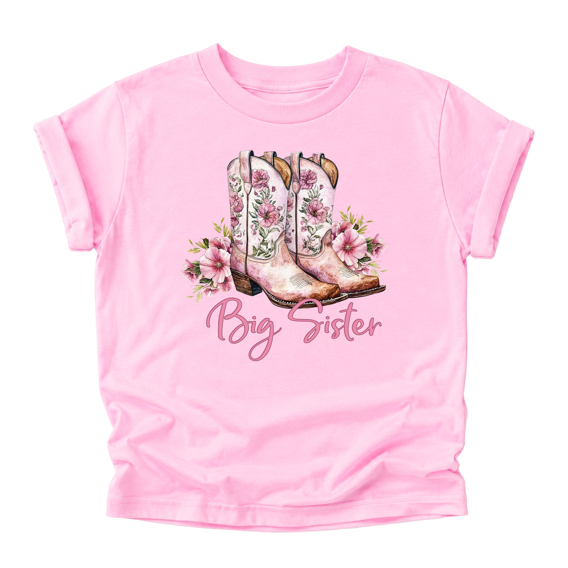 Big Sister floral cowgirl boots shirt for baby, toddler and youth girls in Pink Shirt - view 7