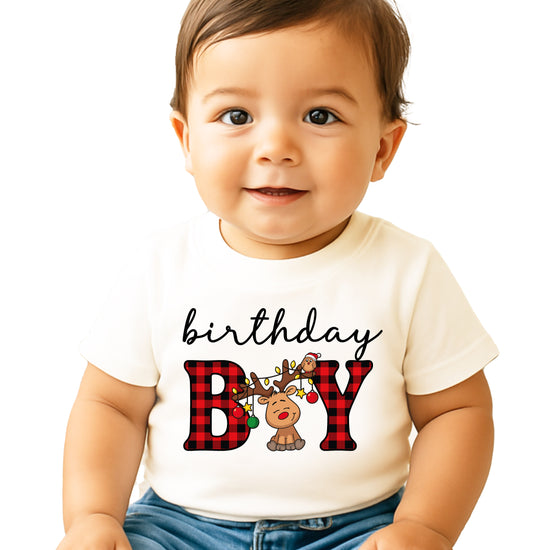 Birthday Boy plaid reindeer Christmas birthday shirt in Natural, baby toddler and youth sizes