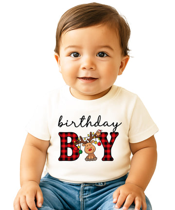 Birthday Boy plaid reindeer Christmas birthday shirt in Natural, baby toddler and youth sizes