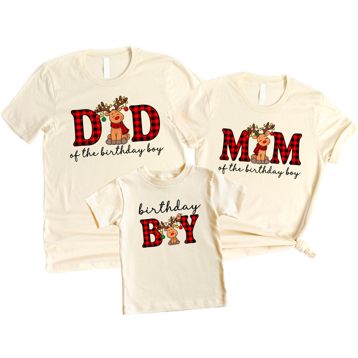Birthday Boy plaid reindeer Christmas birthday shirt in Natural, baby toddler and youth sizes