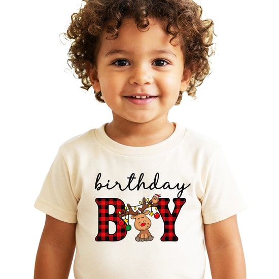 Birthday Boy plaid reindeer Christmas birthday shirt in Natural, baby toddler and youth sizes