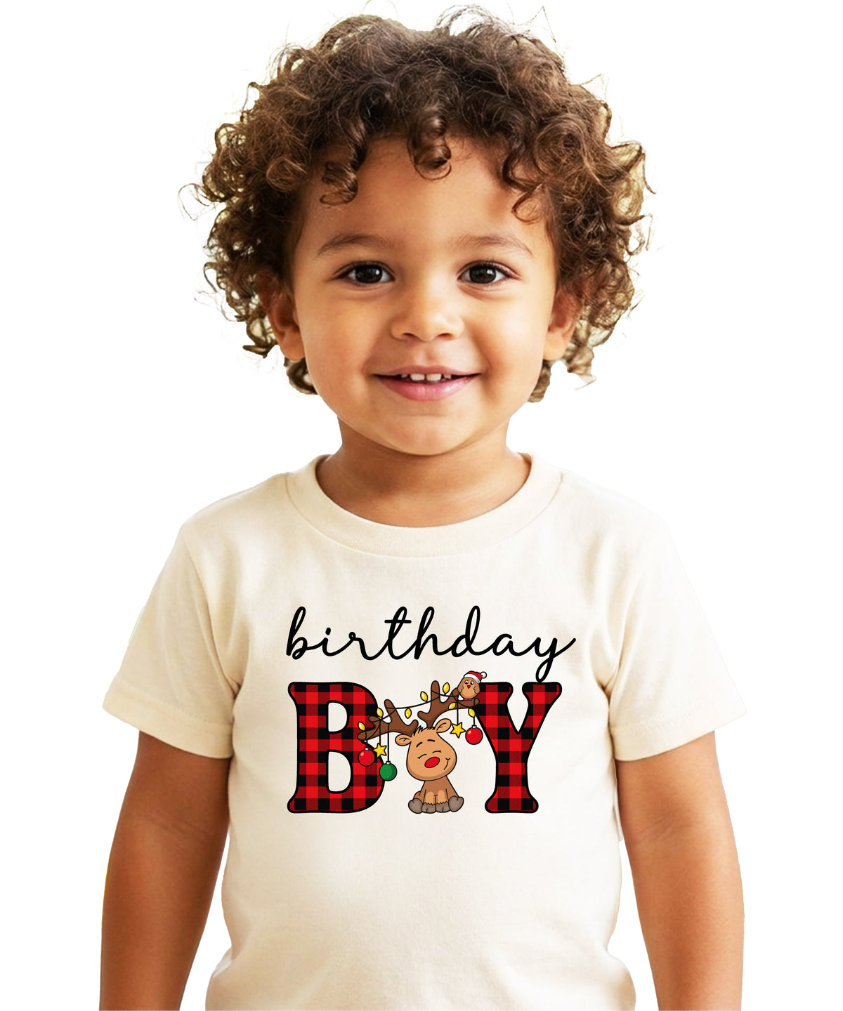 Birthday Boy plaid reindeer Christmas birthday shirt in Natural, baby toddler and youth sizes