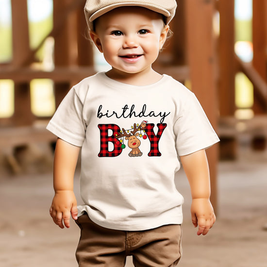 Birthday Boy plaid reindeer Christmas birthday shirt in Natural, baby toddler and youth sizes