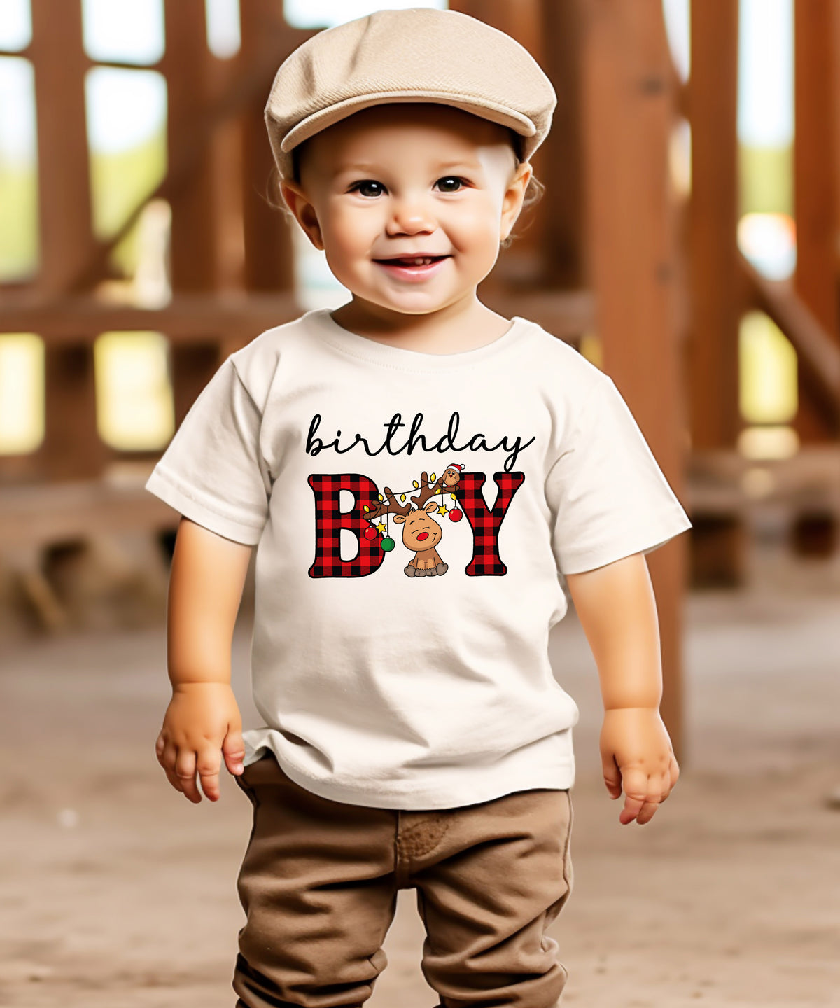Birthday Boy plaid reindeer Christmas birthday shirt in Natural, baby toddler and youth sizes