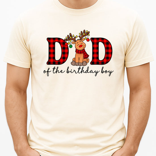 Dad of the Birthday Boy plaid reindeer Christmas shirt in Natural, adult sizes
