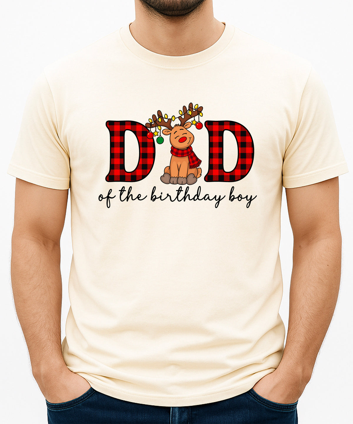 Dad of the Birthday Boy plaid reindeer Christmas shirt in Natural, adult sizes
