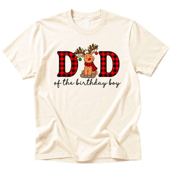 Dad of the Birthday Boy plaid reindeer Christmas shirt in Natural, adult sizes