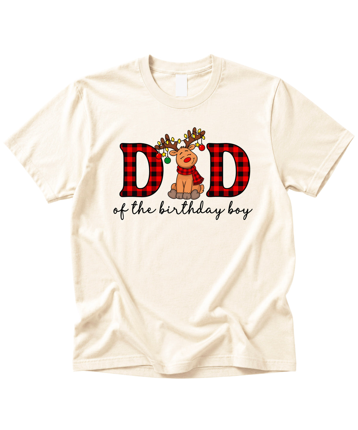 Dad of the Birthday Boy plaid reindeer Christmas shirt in Natural, adult sizes