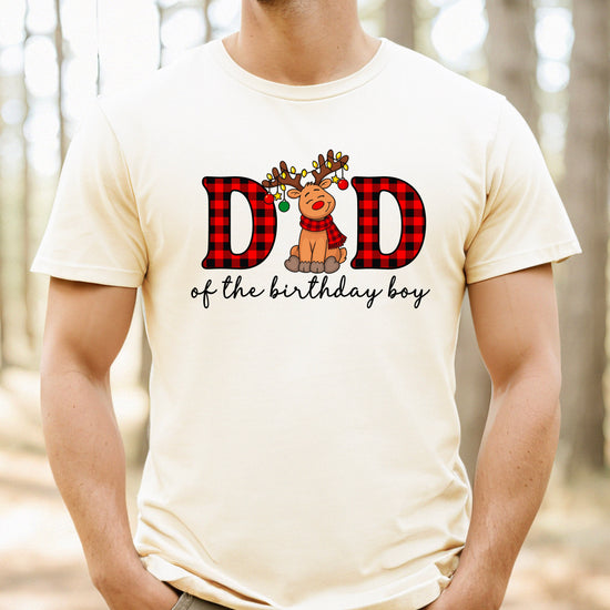 Dad of the Birthday Boy plaid reindeer Christmas shirt in Natural, adult sizes