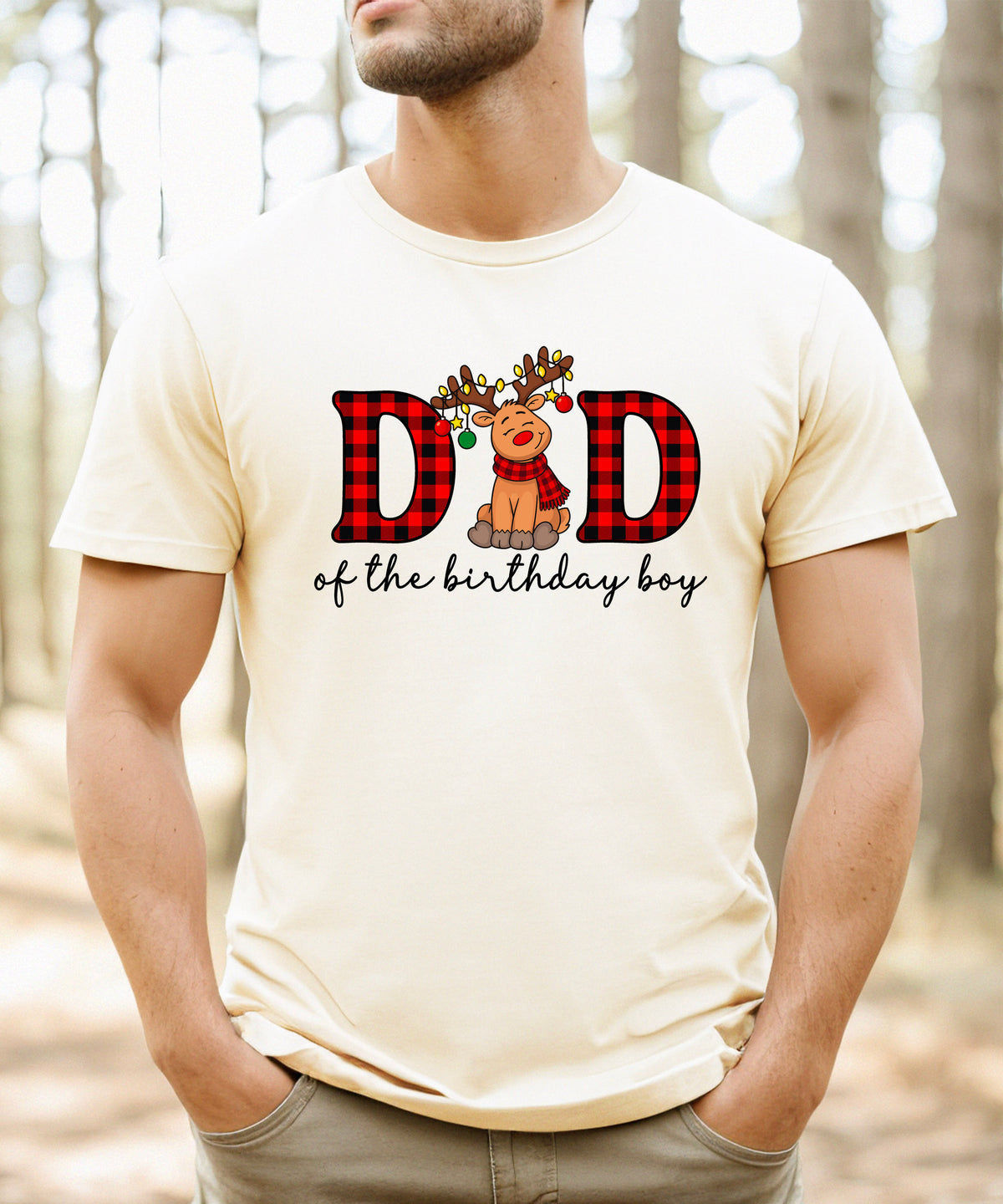 Dad of the Birthday Boy plaid reindeer Christmas shirt in Natural, adult sizes