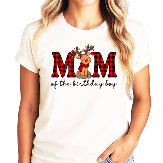 Mom of the Birthday Boy plaid reindeer Christmas shirt in Natural, adult sizes