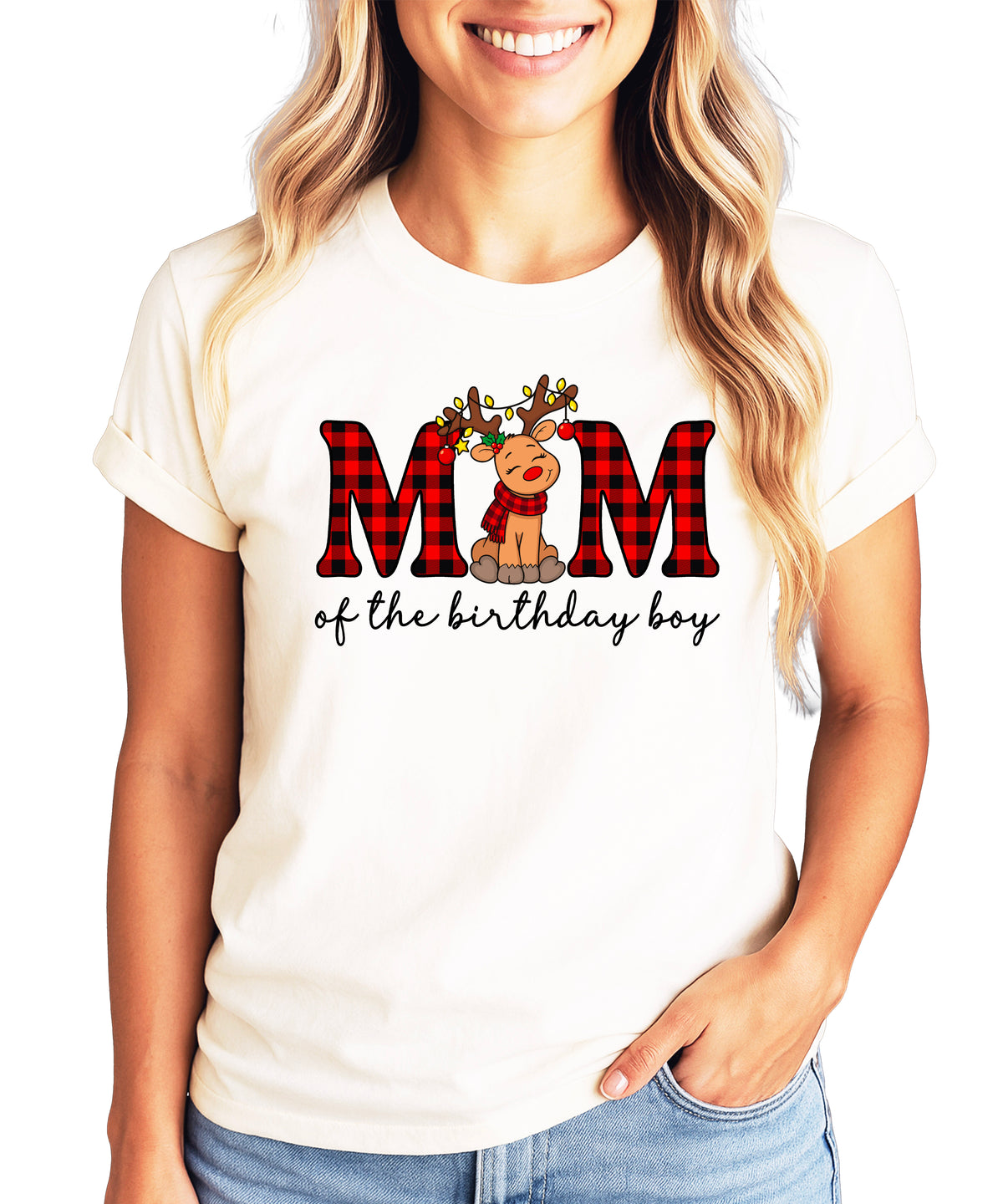Mom of the Birthday Boy plaid reindeer Christmas shirt in Natural, adult sizes
