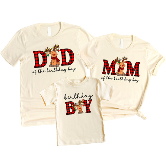 Mom of the Birthday Boy plaid reindeer Christmas shirt in Natural, adult sizes
