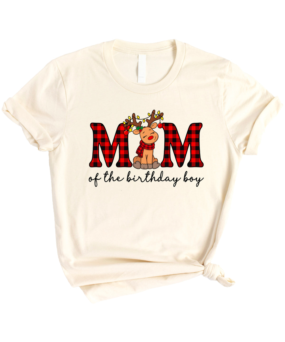 Mom of the Birthday Boy plaid reindeer Christmas shirt in Natural, adult sizes