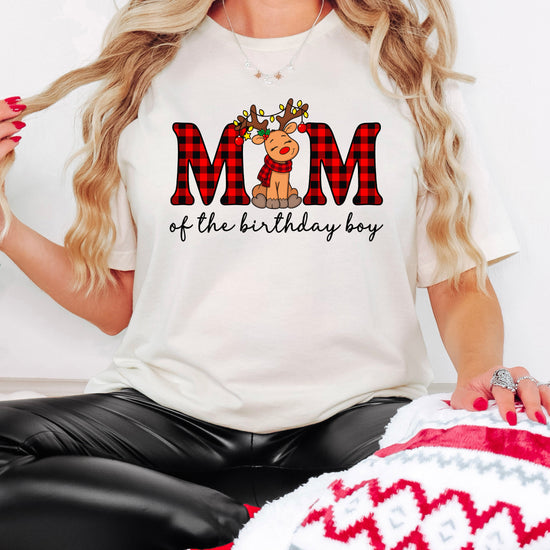 Mom of the Birthday Boy plaid reindeer Christmas shirt in Natural, adult sizes