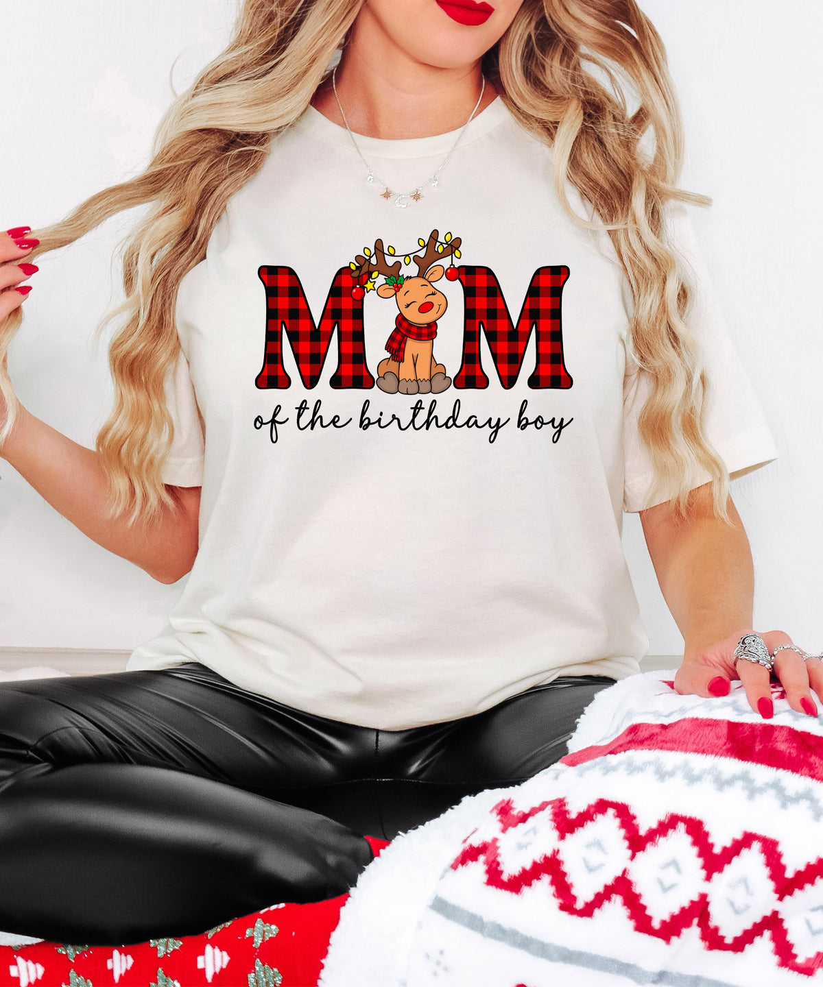 Mom of the Birthday Boy plaid reindeer Christmas shirt in Natural, adult sizes