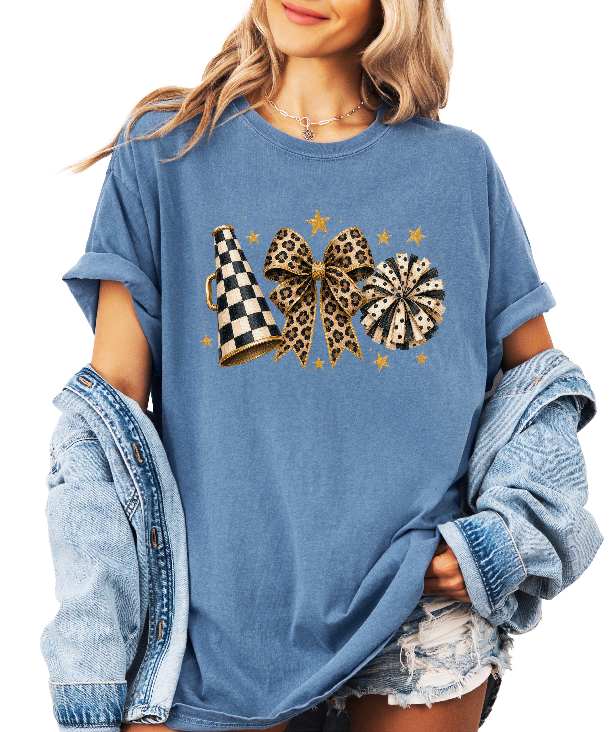Blue Jean Comfort Colors 1717 cheer t-shirt with checkered megaphone, leopard print bow and polka dot pom pom graphic, front view