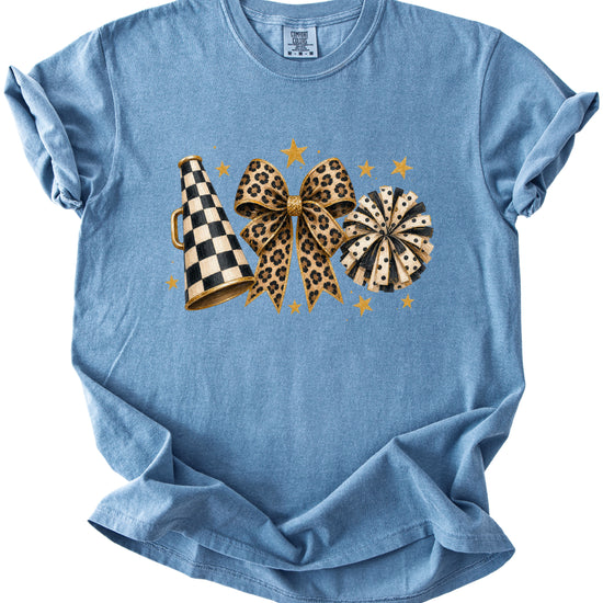 Blue Jean Comfort Colors 1717 cheer t-shirt with checkered megaphone, leopard print bow and polka dot pom pom graphic, detail view