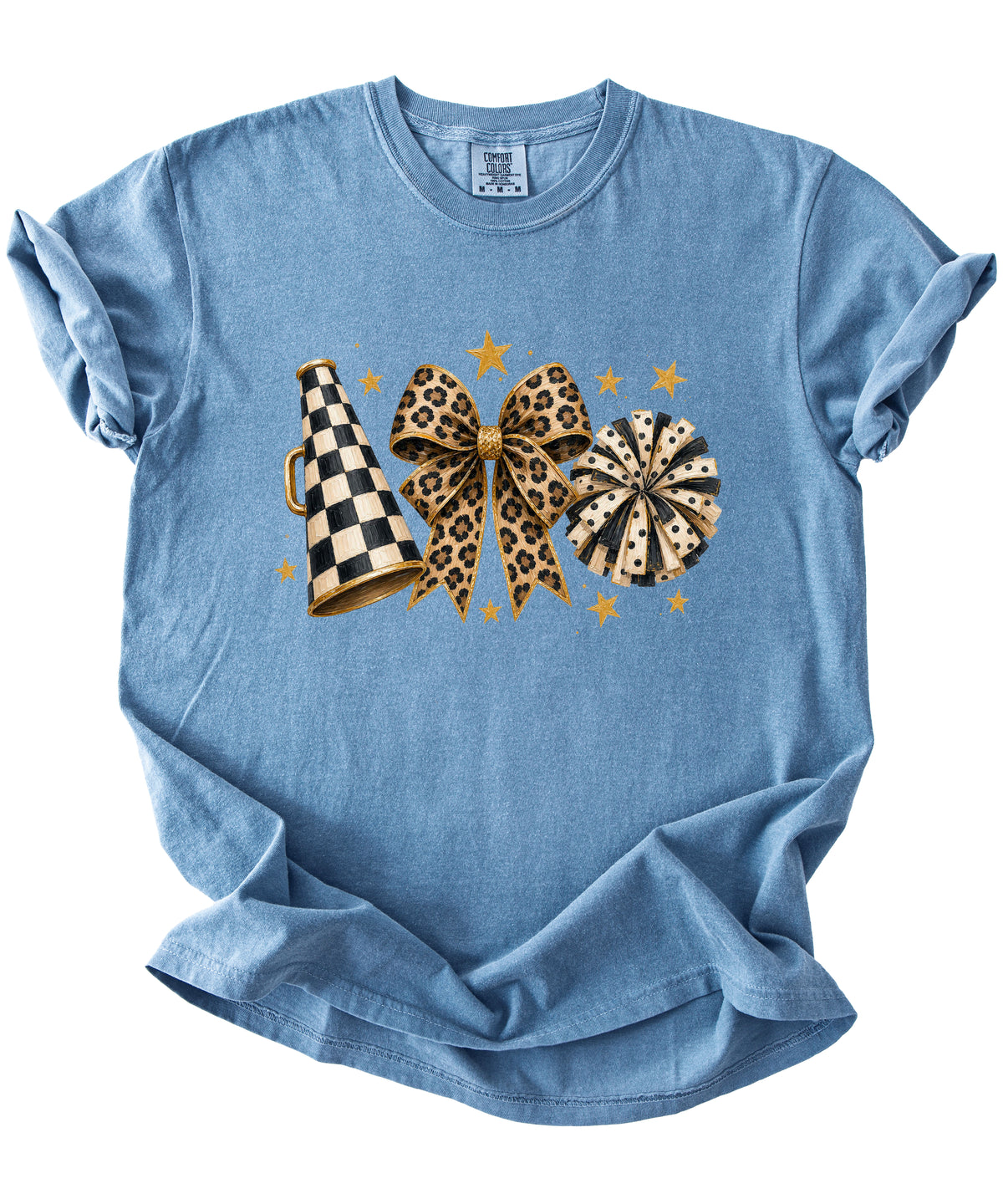 Blue Jean Comfort Colors 1717 cheer t-shirt with checkered megaphone, leopard print bow and polka dot pom pom graphic, detail view