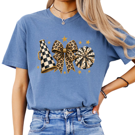 Blue Jean Comfort Colors 1717 cheer t-shirt with checkered megaphone, leopard print bow and polka dot pom pom graphic, styled view
