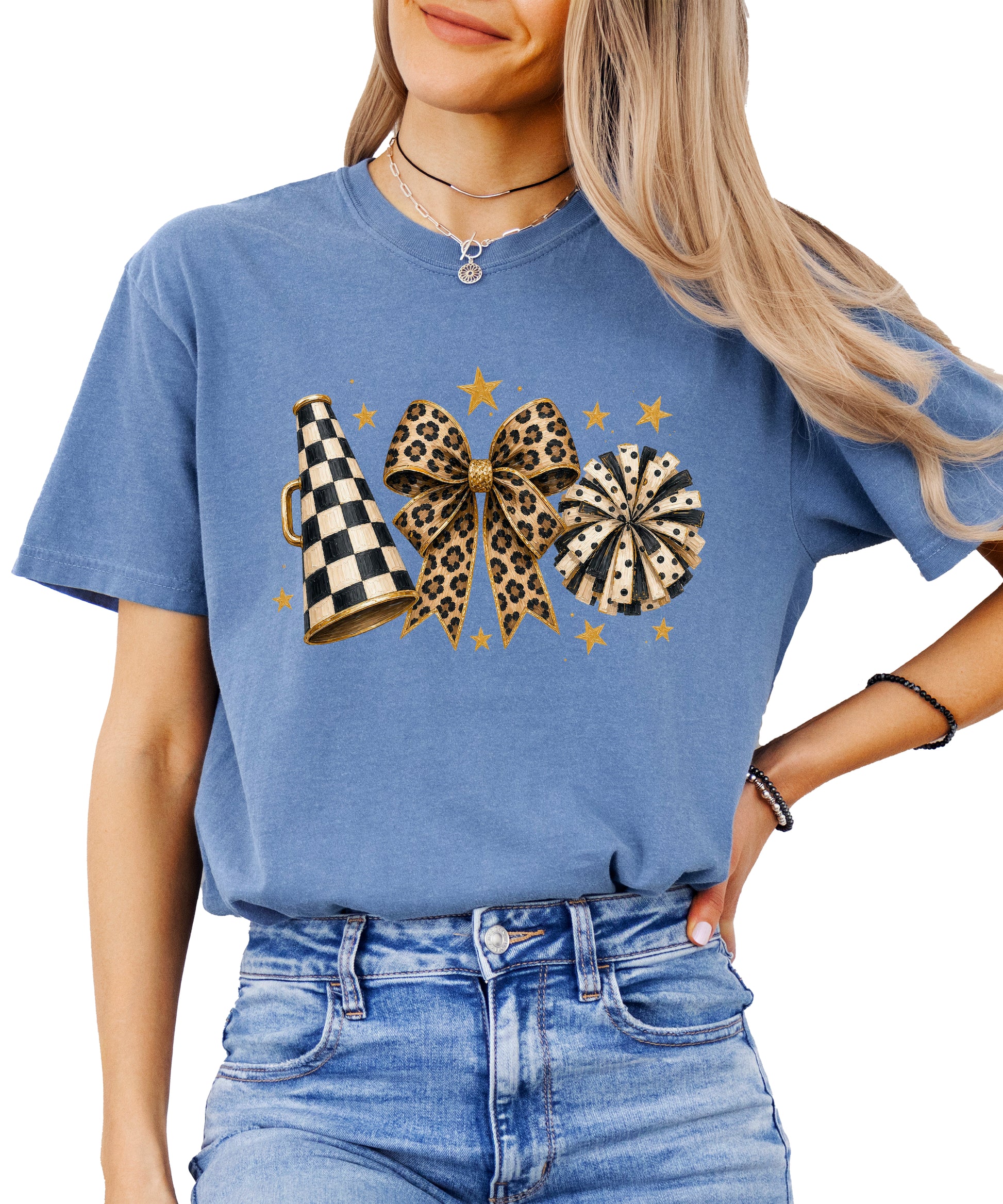 Blue Jean Comfort Colors 1717 cheer t-shirt with checkered megaphone, leopard print bow and polka dot pom pom graphic, styled view