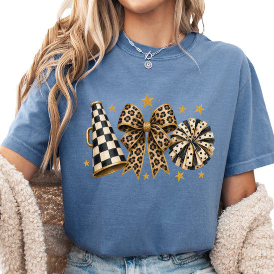 Blue Jean Comfort Colors 1717 cheer t-shirt with checkered megaphone, leopard print bow and polka dot pom pom graphic, alternate view