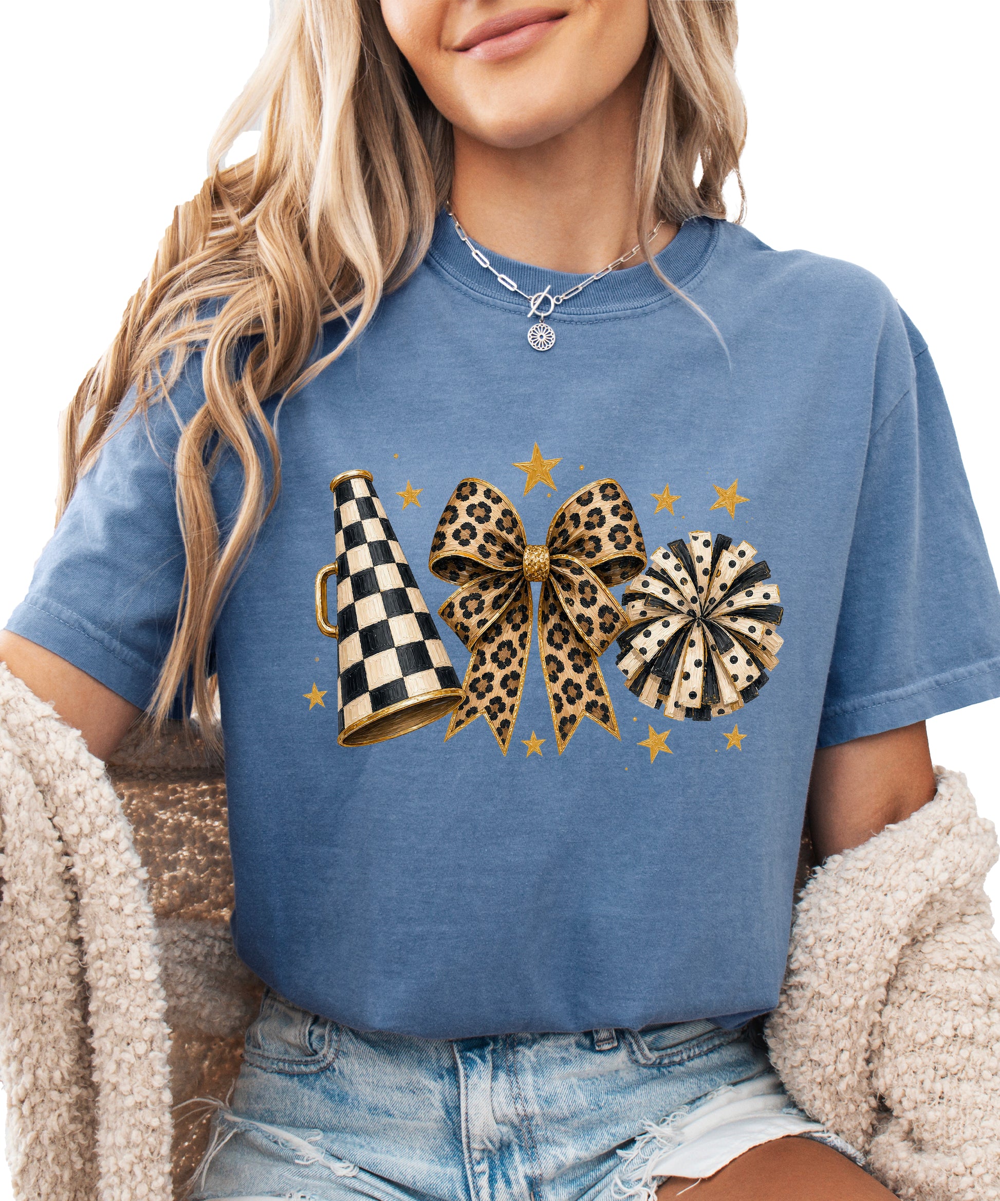 Blue Jean Comfort Colors 1717 cheer t-shirt with checkered megaphone, leopard print bow and polka dot pom pom graphic, alternate view