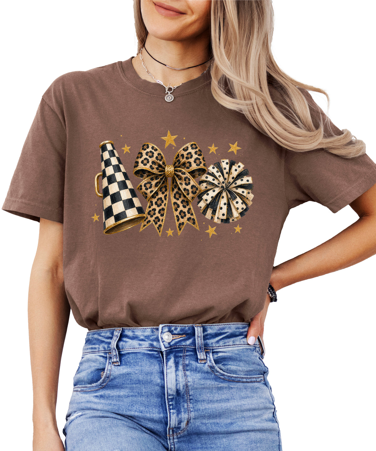 Espresso Comfort Colors 1717 cheer t-shirt with checkered megaphone, leopard print bow and polka dot pom pom graphic, front view
