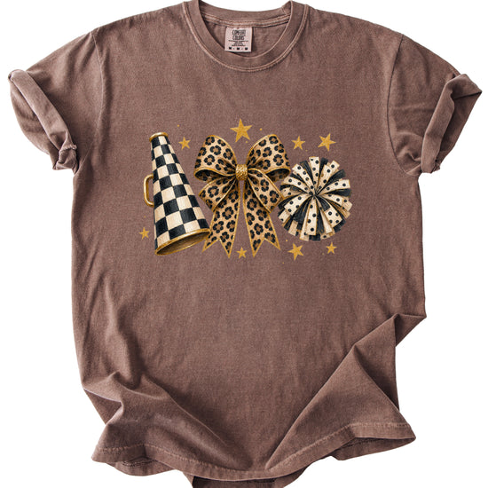 Espresso Comfort Colors 1717 cheer t-shirt with checkered megaphone, leopard print bow and polka dot pom pom graphic, detail view