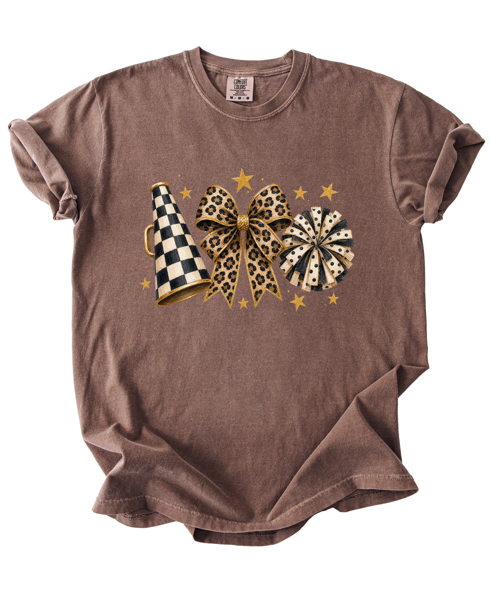 Espresso Comfort Colors 1717 cheer t-shirt with checkered megaphone, leopard print bow and polka dot pom pom graphic, detail view