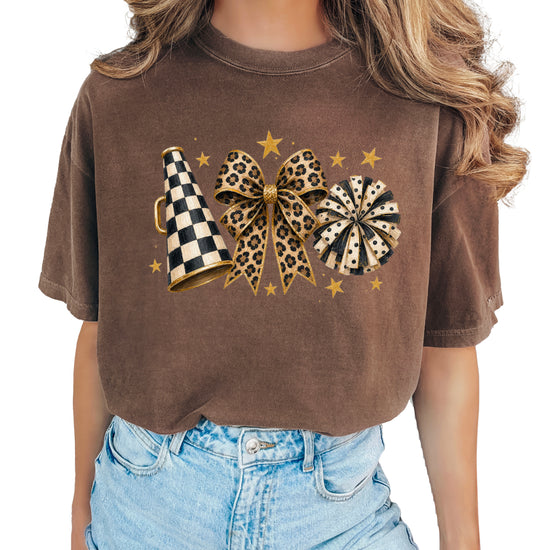 Espresso Comfort Colors 1717 cheer t-shirt with checkered megaphone, leopard print bow and polka dot pom pom graphic, styled view