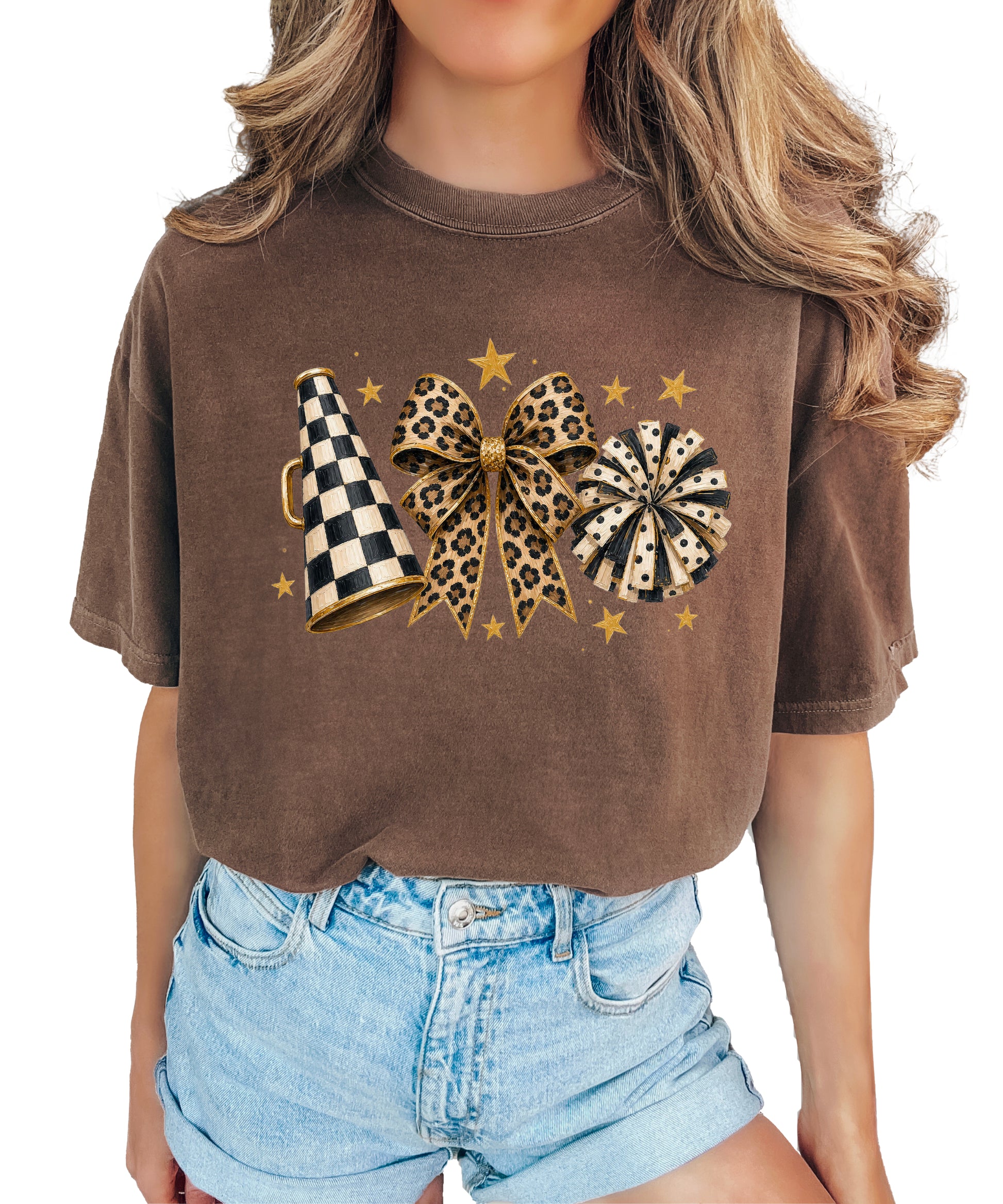 Espresso Comfort Colors 1717 cheer t-shirt with checkered megaphone, leopard print bow and polka dot pom pom graphic, styled view