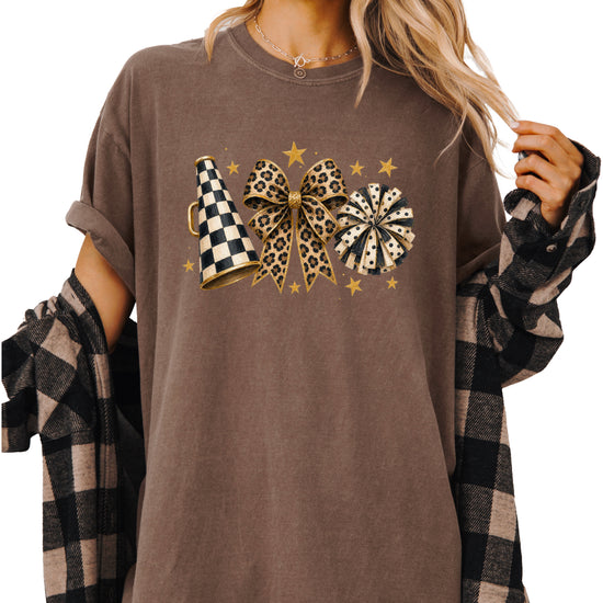 Espresso Comfort Colors 1717 cheer t-shirt with checkered megaphone, leopard print bow and polka dot pom pom graphic, alternate view