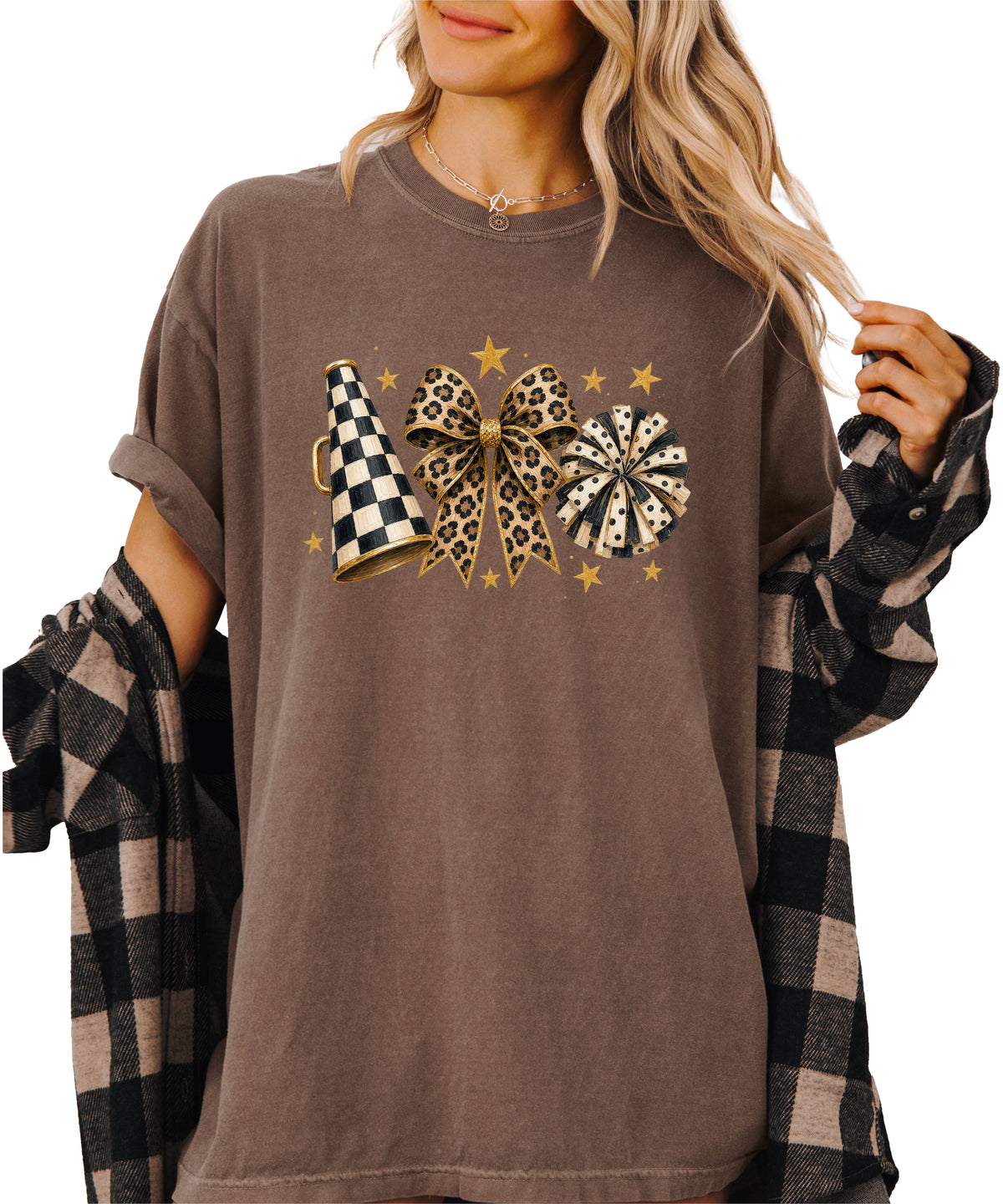 Espresso Comfort Colors 1717 cheer t-shirt with checkered megaphone, leopard print bow and polka dot pom pom graphic, alternate view