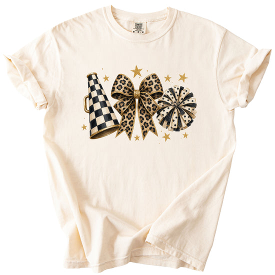 Ivory Comfort Colors 1717 cheer t-shirt with checkered megaphone, leopard print bow and polka dot pom pom graphic, detail view