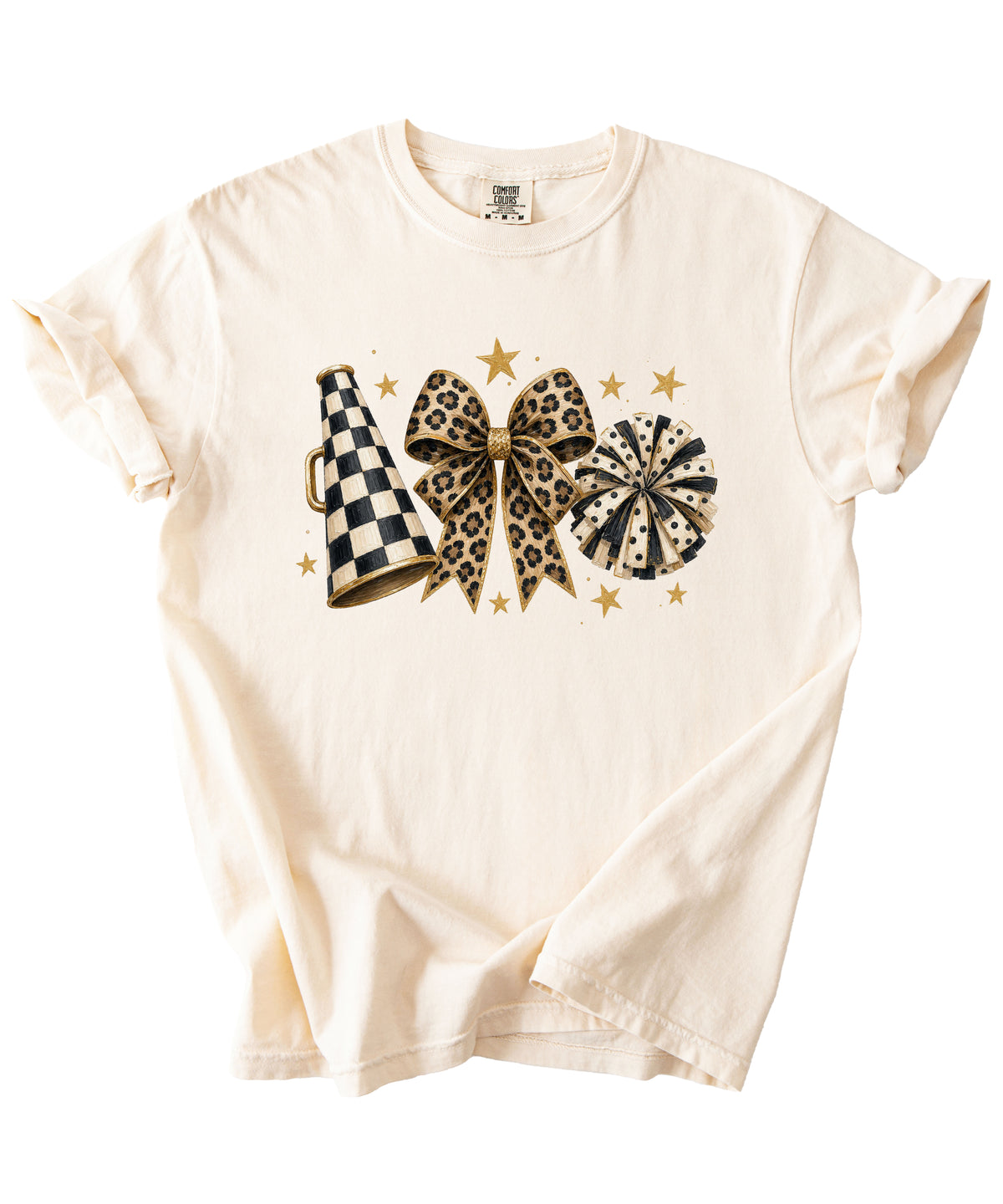 Ivory Comfort Colors 1717 cheer t-shirt with checkered megaphone, leopard print bow and polka dot pom pom graphic, detail view