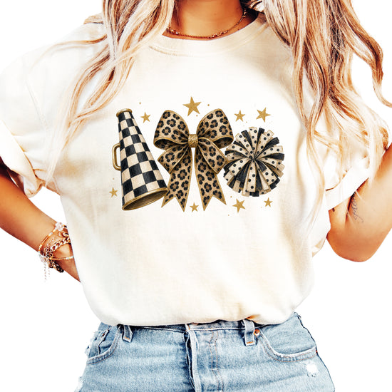 Ivory Comfort Colors 1717 cheer t-shirt with checkered megaphone, leopard print bow and polka dot pom pom graphic, alternate view