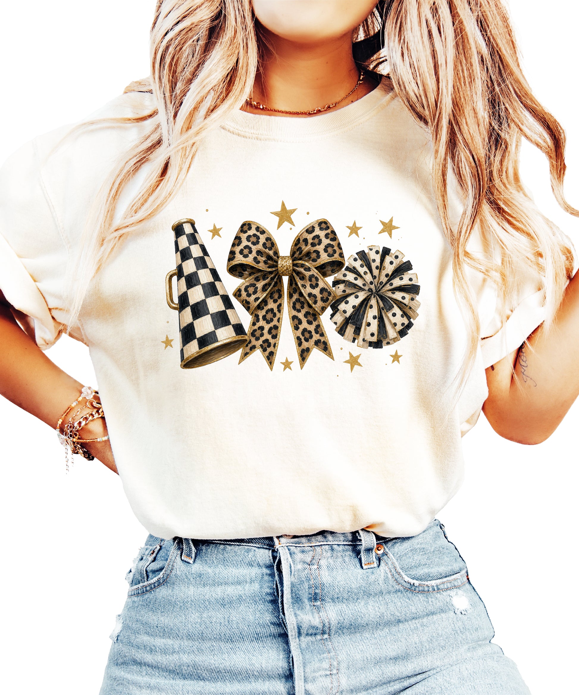 Ivory Comfort Colors 1717 cheer t-shirt with checkered megaphone, leopard print bow and polka dot pom pom graphic, alternate view