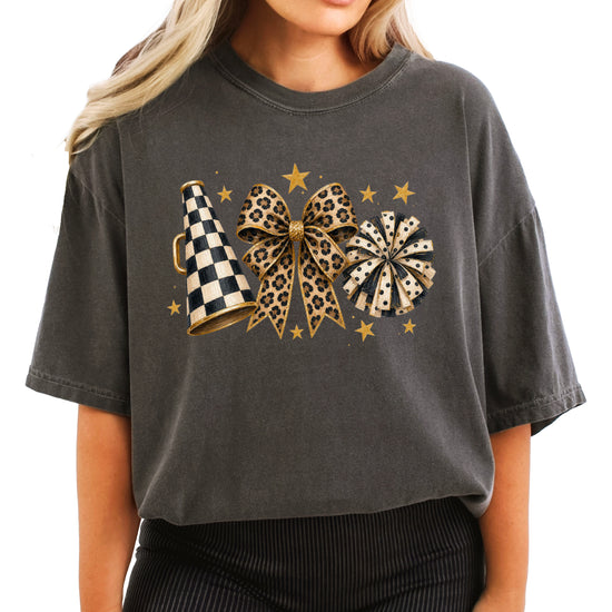 Pepper Comfort Colors 1717 cheer t-shirt with checkered megaphone, leopard print bow and polka dot pom pom graphic, front view