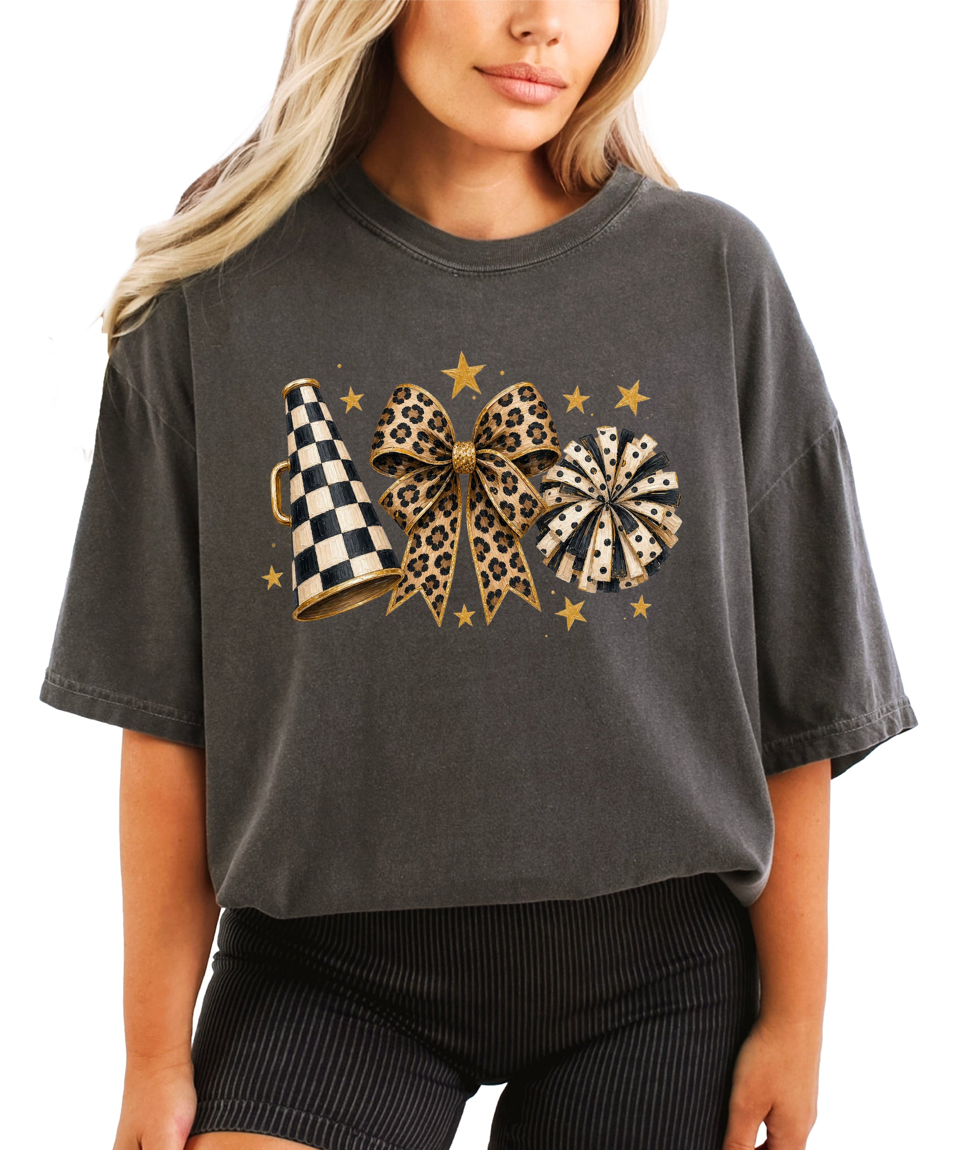 Pepper Comfort Colors 1717 cheer t-shirt with checkered megaphone, leopard print bow and polka dot pom pom graphic, front view
