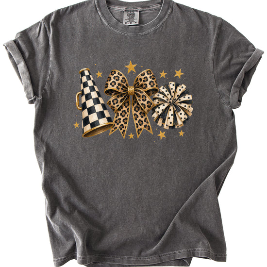 Pepper Comfort Colors 1717 cheer t-shirt with checkered megaphone, leopard print bow and polka dot pom pom graphic, detail view