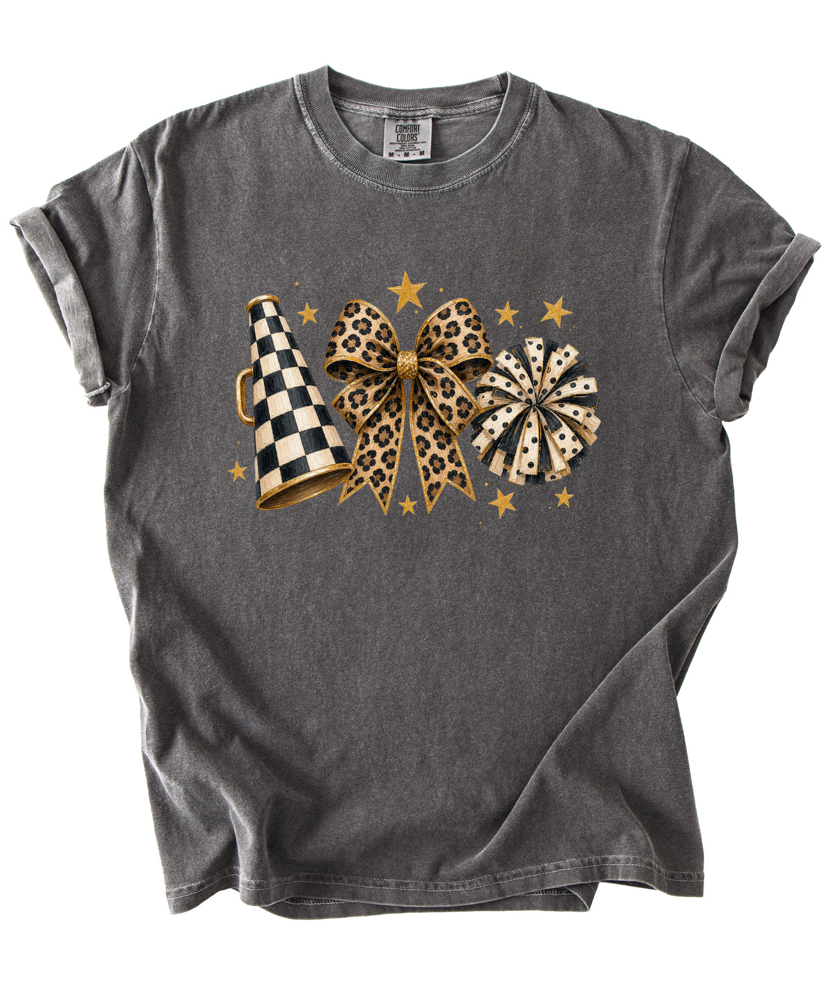 Pepper Comfort Colors 1717 cheer t-shirt with checkered megaphone, leopard print bow and polka dot pom pom graphic, detail view
