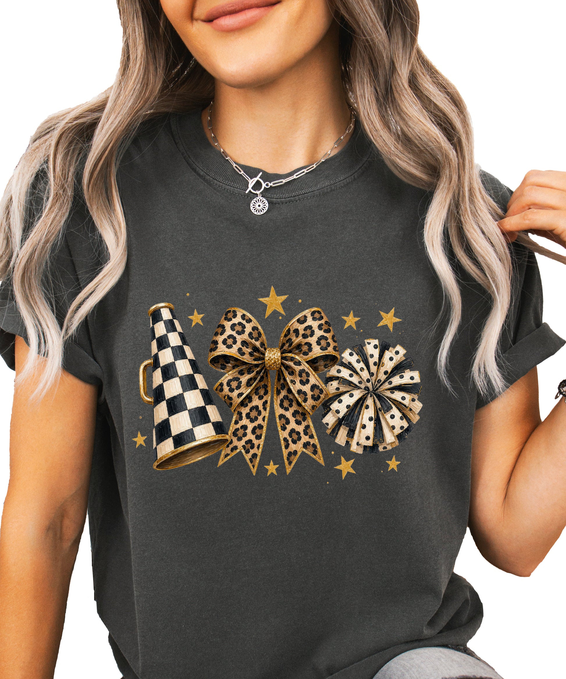 Pepper Comfort Colors 1717 cheer t-shirt with checkered megaphone, leopard print bow and polka dot pom pom graphic, styled view