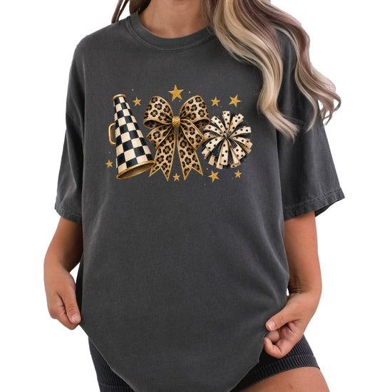 Pepper Comfort Colors 1717 cheer t-shirt with checkered megaphone, leopard print bow and polka dot pom pom graphic, alternate view