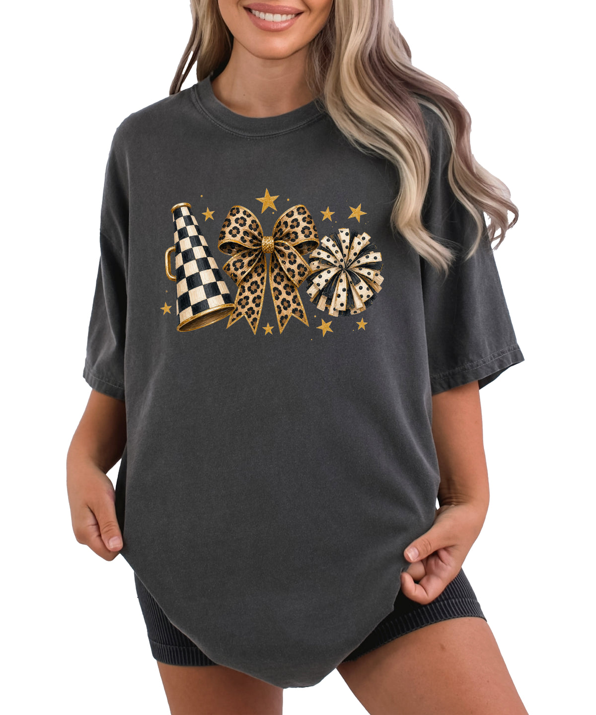 Pepper Comfort Colors 1717 cheer t-shirt with checkered megaphone, leopard print bow and polka dot pom pom graphic, alternate view