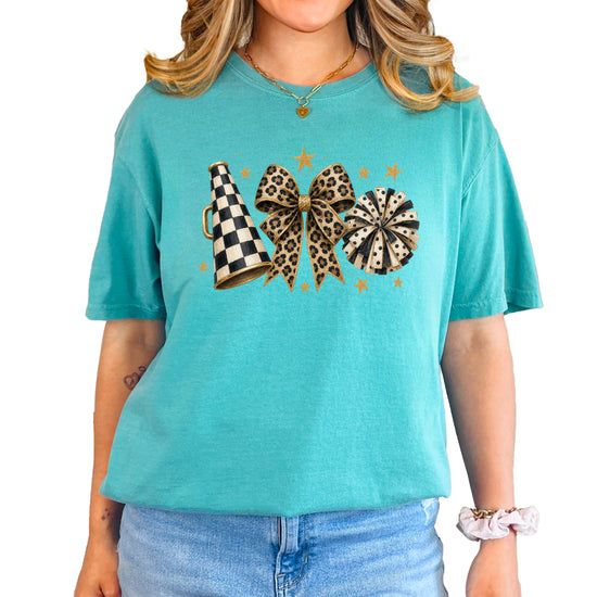 Seafoam Comfort Colors 1717 cheer t-shirt with checkered megaphone, leopard print bow and polka dot pom pom graphic, front view
