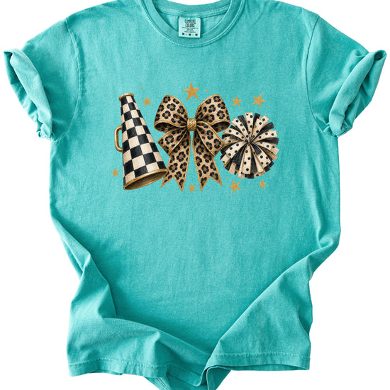 Seafoam Comfort Colors 1717 cheer t-shirt with checkered megaphone, leopard print bow and polka dot pom pom graphic, detail view