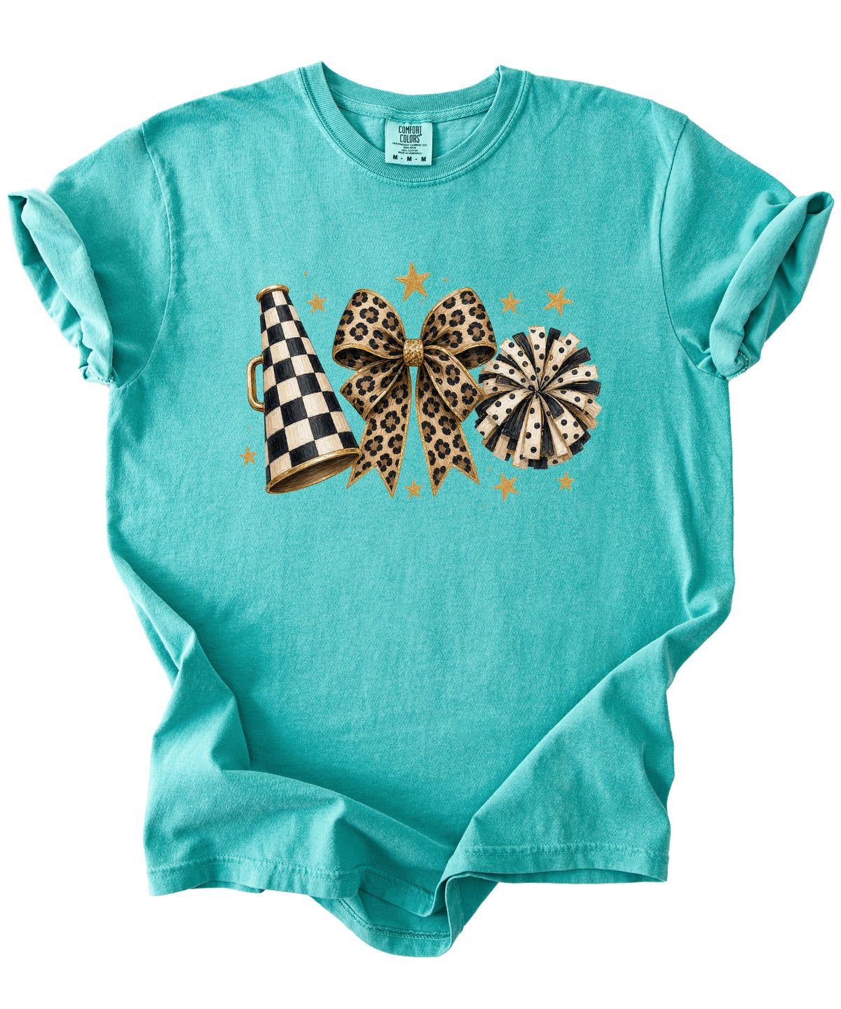 Seafoam Comfort Colors 1717 cheer t-shirt with checkered megaphone, leopard print bow and polka dot pom pom graphic, detail view